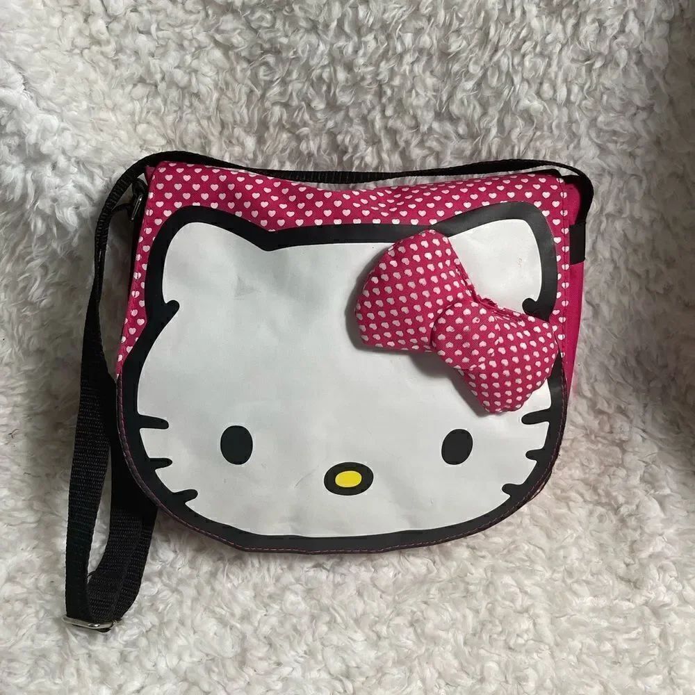 Hello Kitty Sanrio Hot Pink and white hearts with black trim fabric shoulder bag